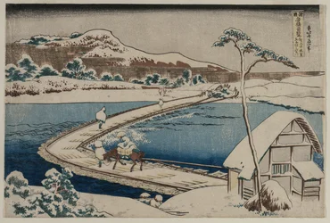 Una imagen antigua del Puente de Barcos en Sano en la Provincia de Kozuke..., principios de 1830s