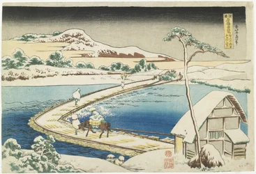 Vista antigua del puente de pontones en Sano, provincia de Kōzuke, 1833-1834