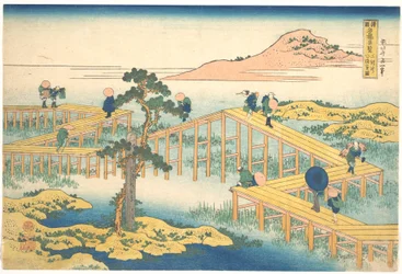 Vista antigua de Yatsuhashi, en la provincia de Mikawa («Mikawa no Yatsuhashi no kozu»), de la serie «Vistas destacadas de puentes en diversas provincias» («Shokoku meikyō kiran»)