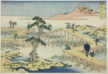 Vista antigua del puente de ocho tablones en la provincia de Mikawa (Mikawa no Yatsuhashi no kozu), de la serie "Vistas inusuales de puentes famosos en varias provincias (Shokoku meikyo kiran)"
