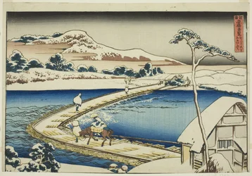 Vista antigua del puente flotante en Sano en la provincia de Kozuke (Kozuke Sano funabashi no kozu), de la serie "Vistas inusuales de puentes famosos en varias provincias (Shokoku meikyo kiran)"