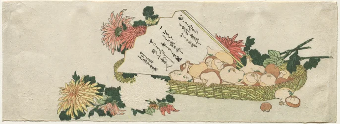 Cesta con abanico, crisantemos y setas, principios de 1800