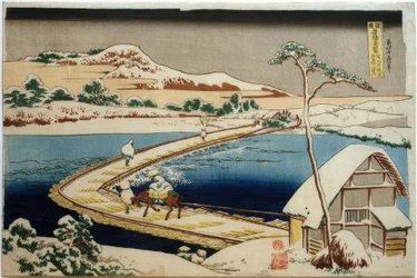 Vista del antiguo puente de botes en Sano en la provincia de Kôzuke