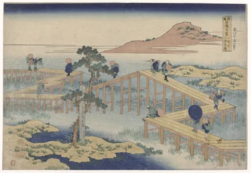 El puente en zigzag en la provincia de Mikawa. Mikawa no yatsuhashi no kozu (título sobre objeto) Vistas de puentes famosos en las provincias (título de la serie) Shokoku Meikyo Kiran (título sobre objeto)
