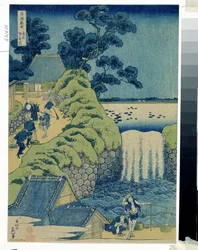 Grabado japonés: ""Les cascades Aigaoka"" (Cascada Aigaoka) (De la serie Cascadas de las diversas provincias) Grabado de una serie sobre las cascadas de diferentes provincias por Katsushika Hokusai (1760-1849) alrededor de 1829 Museo Pouchkine, Mosc