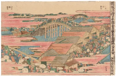 Mercado de Pescado junto al Río en Edo en el Puente Nihonbashi