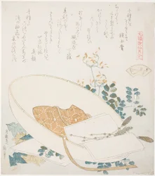 Flores recién recogidas en el sombrero de un viajero, ilustración para La concha de las mil hierbas (Chigusagai), de la serie "Un juego de emparejamiento con conchas de poemas del período Genroku (Genroku kasen kai awase)"