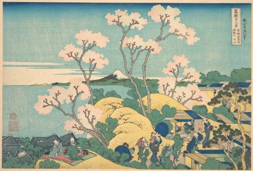 El Fuji visto desde Gotenyama, en la ruta Tōkaidō, a la altura de Shinagawa (Tōkaidō Shinagawa Gotenyama no Fuji), de la serie «Las treinta y seis vistas del monte Fuji» (Fugaku sanjūrokkei)