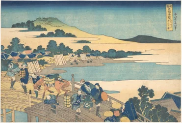 El puente de Fukui, en la provincia de Echizen (Echizen Fukui no hashi), de la serie «Vistas destacadas de puentes en diversas provincias» (Shokoku meikyō kiran)