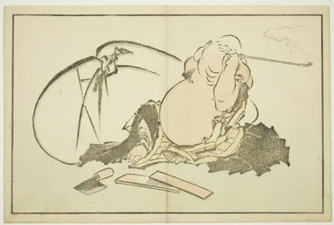 Hotei fumando su pipa, de El libro de pinturas realistas de Hokusai (Hokusai shashin gafu), c.1814 (xilografía en color (hoja de álbum))