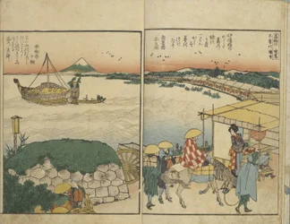 Libro ilustrado con vistas de ambas orillas del río Sumida