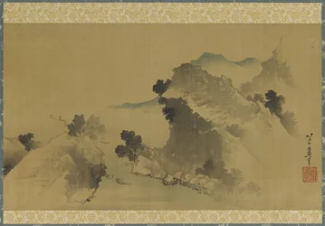 Paisaje: montañas, arroyo y barcos, Período Edo