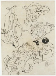 Figuras diversas: placeres de verano, figuras sentadas en la veranda y (abajo) Samurai, período Edo