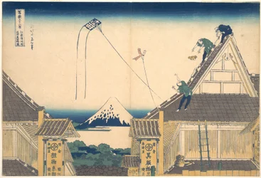 La tienda Mitsui en Surugachō, en Edo (Edo Surugachō Mitsui mise ryaku zu), de la serie «Las treinta y seis vistas del monte Fuji» (Fugaku sanjūrokkei)