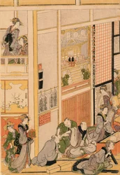 Día de Año Nuevo en la casa de té Ogi-ya, c.1810