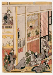Días de Año Nuevo en la casa de té Ogi-ya, c.1810