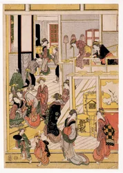Días de Año Nuevo en la casa de té Ogi-ya, c.1810