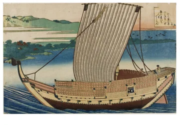 No.18. La escena, un junco navegando por un mar en calma frente a la bahía de Suminoye en Settsu, de la serie Los cien poemas explicados por la enfermera, c.1835-1836 (xilografía sobre papel).