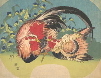 Gallo, gallina y pollito con flor de araña, ca. 1830-33