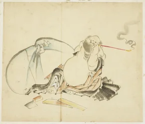 Hotei sentado fumando una pipa
