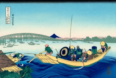 Atardecer a través del puente Ryogoku desde la orilla del río Sumida en Onmayagashi, 1830-1833