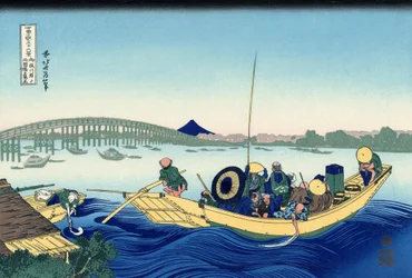 Atardecer sobre el puente Ryogoku desde la orilla del río Sumida en Onmagayashi en Edo, c.1830
