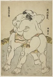 Los luchadores de sumo Uzugafuchi Kandayu y Takasaki Ichijuro