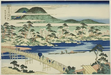 Puente Togetsu en Arashiyama en la provincia de Yamashiro (Yamashiro Arashiyama no Togetsukyo), de la serie "Vistas inusuales de puentes famosos en varias provincias (Shokoku meikyo kiran)"
