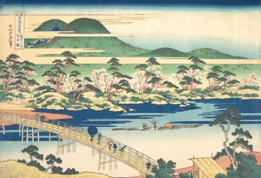 Puente Togetsu en Arashiyama en Yamashiro, de la serie Vistas notables de puentes..., ca. 1830