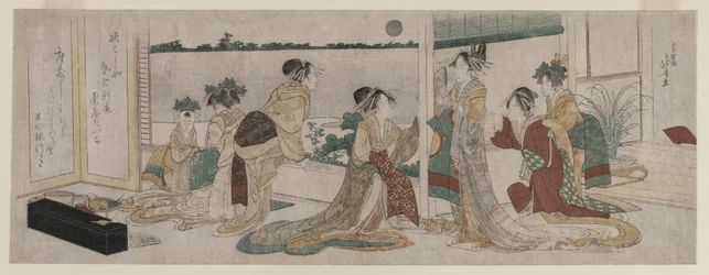 Tsukasa y otras cortesanas del Ogiya observando el ascenso de la luna de otoño..., 1799