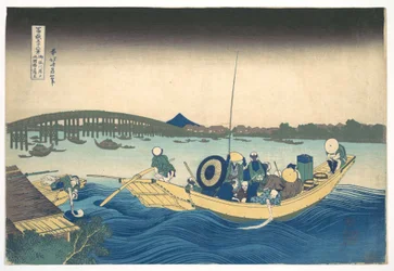 Vista de la puesta de sol sobre el puente de Ryōgoku desde el terraplén de Onmaya (Onmayagashi yori Ryōgokubashi sekiyō o miru), de la serie «Las treinta y seis vistas del monte Fuji» (Fugaku sanjūrokkei)
