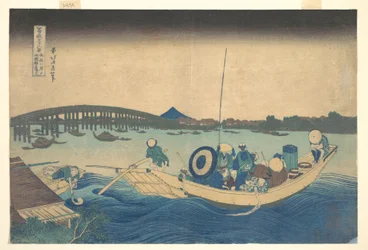 Contemplando la puesta de sol sobre el puente de Ryōgoku desde el terraplén de Onmayagashi (Onmayagashi yori Ryōgokubashi sekiyō o miru), de la serie «Las treinta y seis vistas del monte Fuji» (Fugaku sanjūrokkei)
