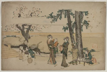 Mujer pasando por una tienda al borde del camino cerca de Oji, principios de 1800s