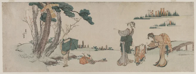 Mujeres distrayendo a un niño cuyo cometa está atrapado en un árbol, c. 1800