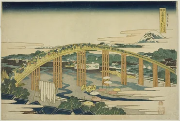 Puente Yahagi en Okazaki en el Tokaido (Tokaido Okazaki Yahagi no hashi), de la serie "Vistas inusuales de puentes famosos en varias provincias (Shokoku meikyo kiran)"
