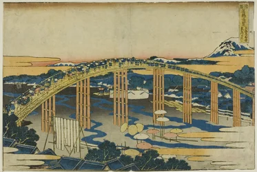 Puente Yahagi en Okazaki sobre el Tokaido (Tokaido Okazaki Yahagi no hashi), de la serie "Vistas insólitas de puentes famosos en varias provincias (Shokoku meikyo kiran)".