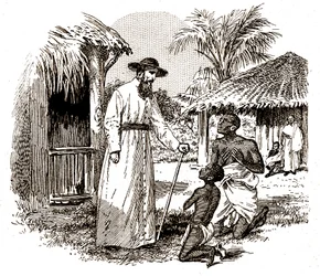 Un misionero católico en África practicando la conversión de un niño y su padre, c.1900 (grabado)