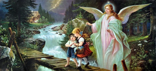 Un ángel de la guarda protege a dos niños que cruzan un río sobre un viejo puente de madera, principios del siglo XX (cromolitografía)