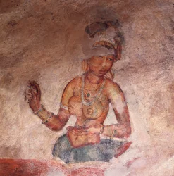 Apsaras, ninfa celestial haciendo una ofrenda, fresco, ciudadela fortificada de Sigiriya (Lista del Patrimonio Mundial de la UNESCO