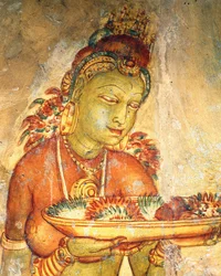 Apsaras, ninfa celestial ofreciendo flores, fresco, ciudadela fortificada de Sigiriya (Lista del Patrimonio Mundial de la UNESCO