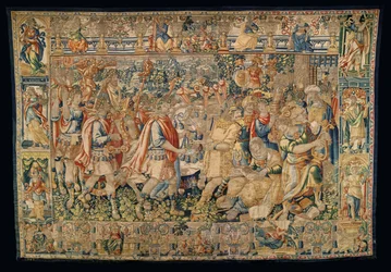 Museo Parroquial de Tapices (Museo Parroquial de Tapices de Pastrana). Tapiz flamenco. Carlomagno, entrada triunfal en Carmania (Alejandro Magno, Entrada triunfal en Carmania).