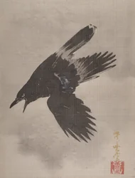 Cuervo volando en la nieve, ca. 1887