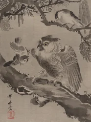 Búho burlado por pájaros pequeños, ca. 1887