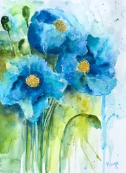 Amapolas en acuarela azul