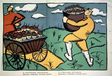 Aux allies francais... (A los aliados franceses...) Primera Guerra Mundial (1914-1918), soldados rusos traen soldados alemanes, vestidos con un casco con púas, capturados y apilados en un carro y una enorme cuenca. Obra de Kasimir Severino