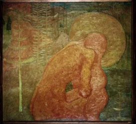 Boceto para un fresco. La oración. (Boceto para una pintura al fresco; Oración). Un personaje desnudo, en un paisaje selvático, se acurruca bajo su aureola. Obra de Kasimir Severinovich Malevich (Malevich, Malevic) (1878-1935), témpera sobre cartón