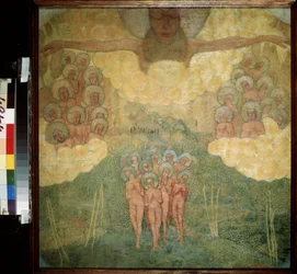 Boceto para un fresco. El triunfo del cielo. (Boceto para una pintura al fresco. El Triunfo de los Cielos). Un grupo de santos desnudos, avanzan en un jardín celestial, manos unidas en oración, sobre ellos santos instalados en las nubes, A