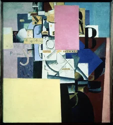 Dame au poste de poster (Dama en el poste del cartel). Obra de Kasimir Severinovich Malevitch (Malevich, Malevic) (1878-1935), óleo sobre lienzo y collage