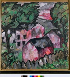 Paisaje con casas rojas
