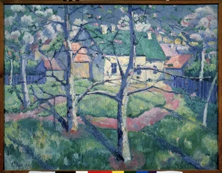 árboles de manzana en flor. Paisaje de campo en verano, algunas casas, un camino, árboles. Pintura de Kasimir Severinovich Malevich (Malevich, Malevic) (1878-1935), óleo sobre lienzo